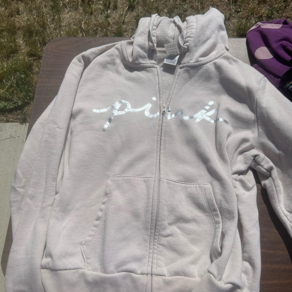 PINK Victoria's Secret Silver Script Light Beige Zip-Up Hoodie